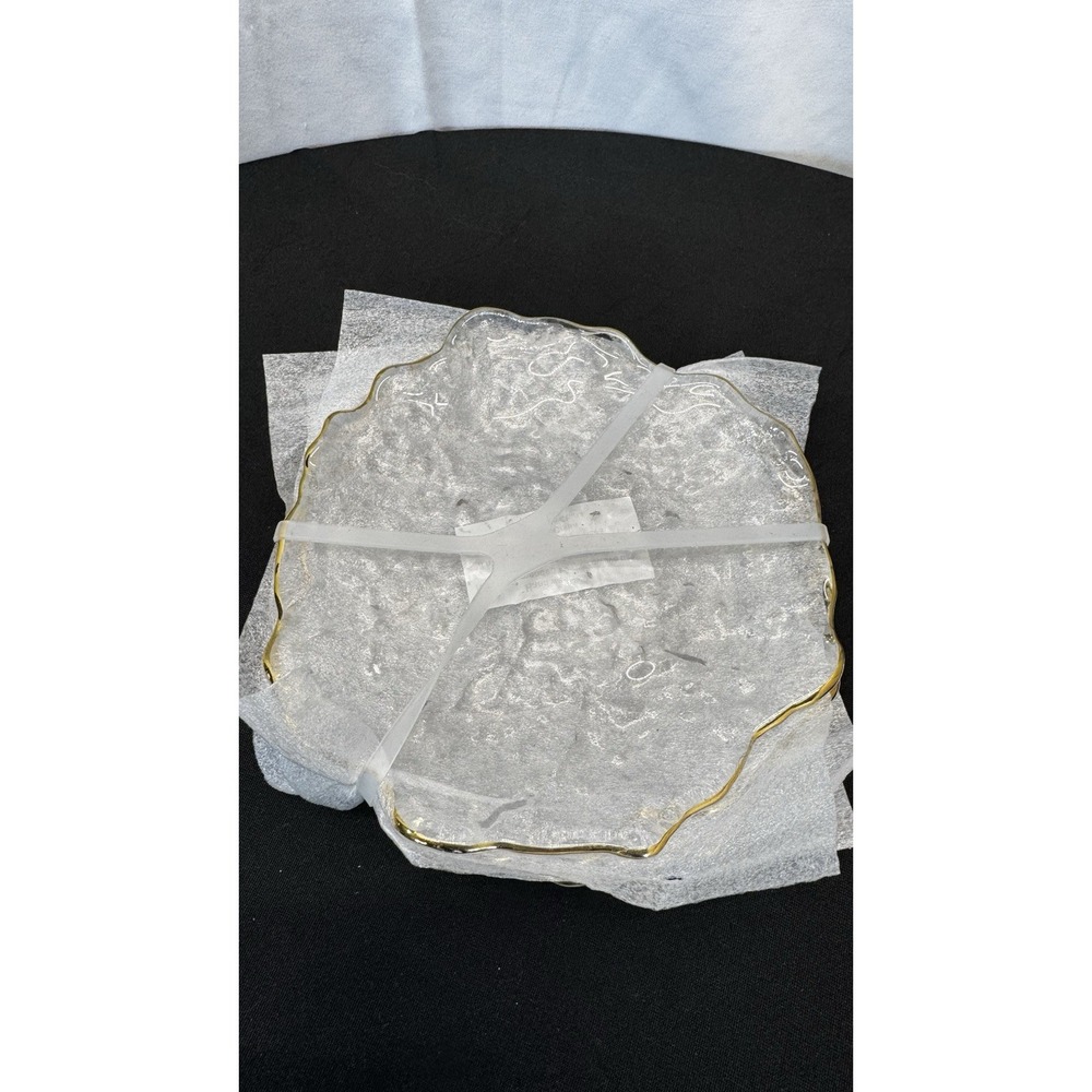 Set of 4 Textured Clear Glass Appetizer Plates Gold Scalloped Rim 5.5 Inch